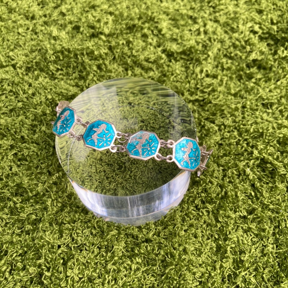 Vintage Sterling Silver Siam Link Bracelet - Blue Enamel, Thailand